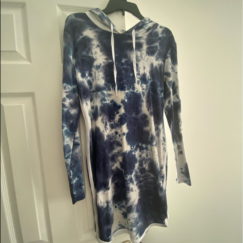 Blue tie dye long sleeve hoodie dress